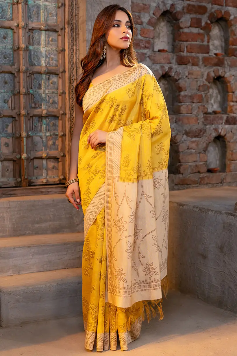 Yellow Tussar Silk Saree With Woven Floral Designs